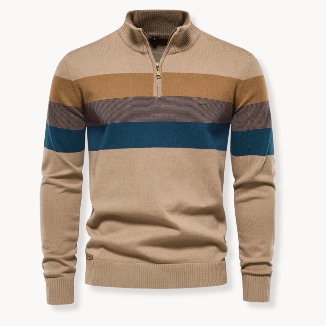 Klassischer gestreifter Toby Herren Halbzip Pullover aus weichem Strick. Vielseitiger Langarm Sweater für Männermode.
