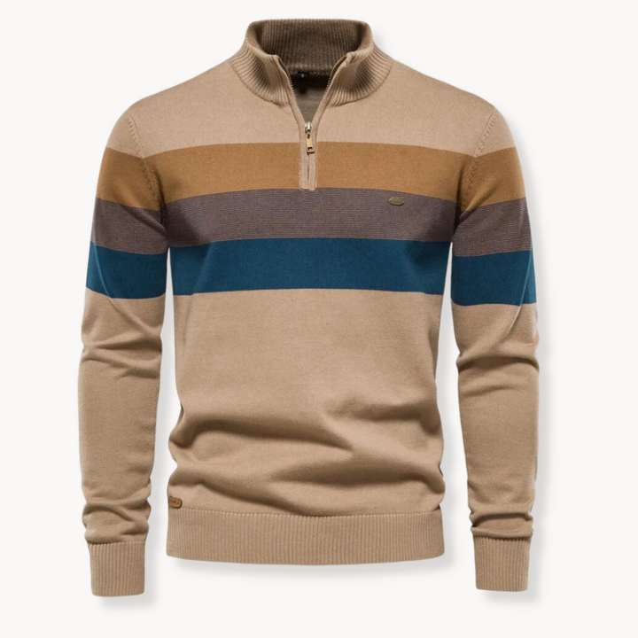 Klassischer gestreifter Toby Herren Halbzip Pullover aus weichem Strick. Vielseitiger Langarm Sweater für Männermode.