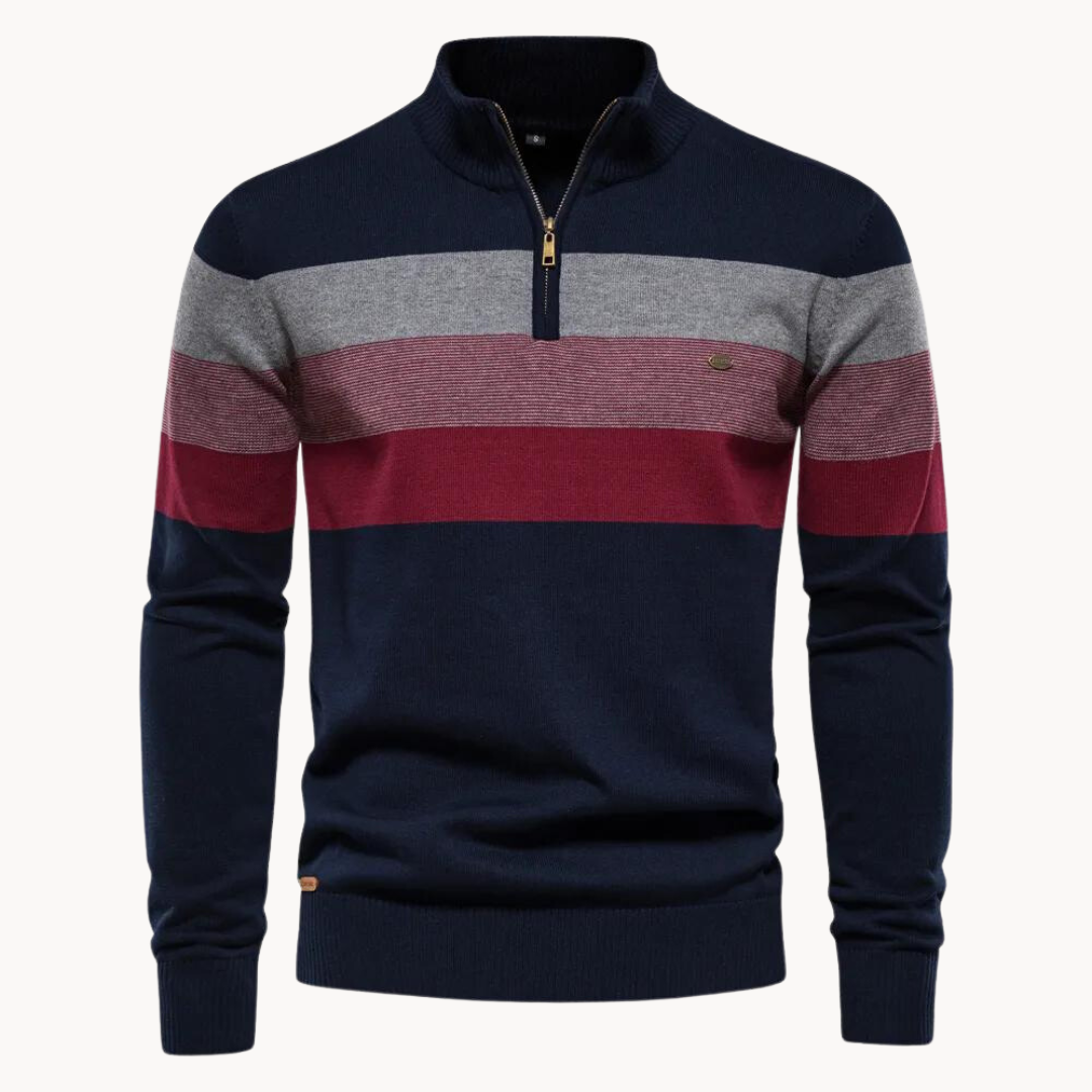 Vorderansicht Toby Herren Halbzip Pullover, gestreift. Eleganter Strickpullover für Freizeit & Büro. Männermode.
