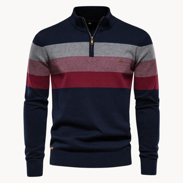 Vorderansicht Toby Herren Halbzip Pullover, gestreift. Eleganter Strickpullover für Freizeit & Büro. Männermode.