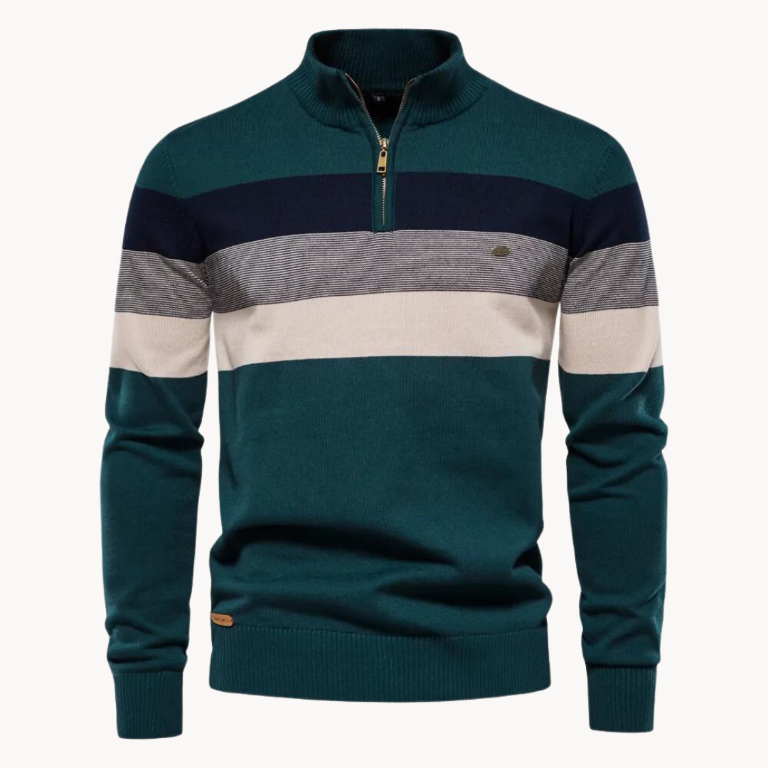 Gefalteter gestreifter Toby Herren Halbzip Pullover aus Strick. Praktisches Herren Oberteil, vielseitig & elegant.