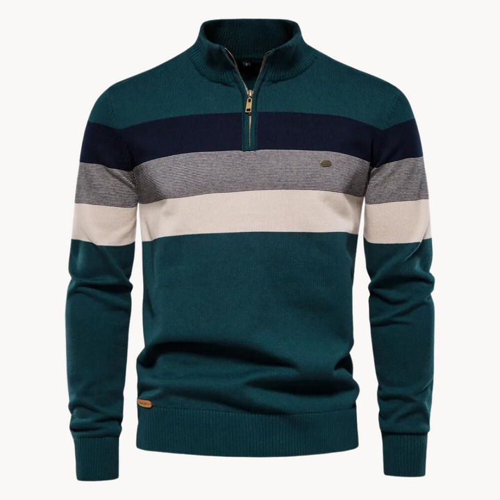 Gefalteter gestreifter Toby Herren Halbzip Pullover aus Strick. Praktisches Herren Oberteil, vielseitig & elegant.