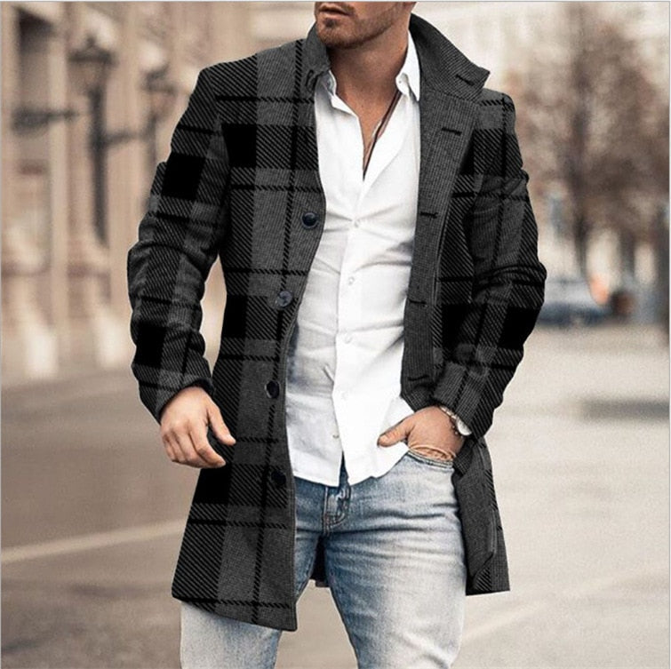 Herren karierte Winddichte Herbstjacke. Stilvoller warmer Mantel für Freizeit & Herbstmode.