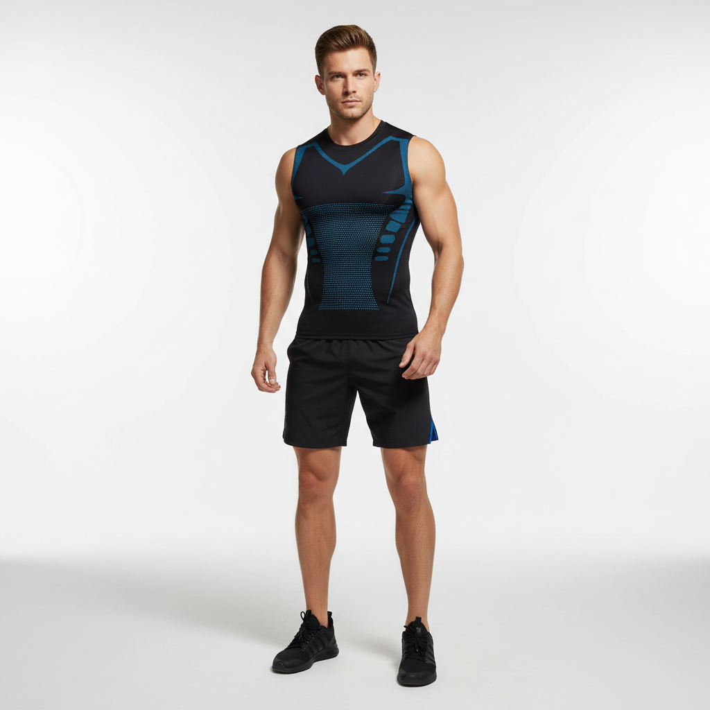 Mouwloos Herren Kompressionsshirt für Sport & Training, ideal zur Muskelunterstützung & Haltungskorrektur.