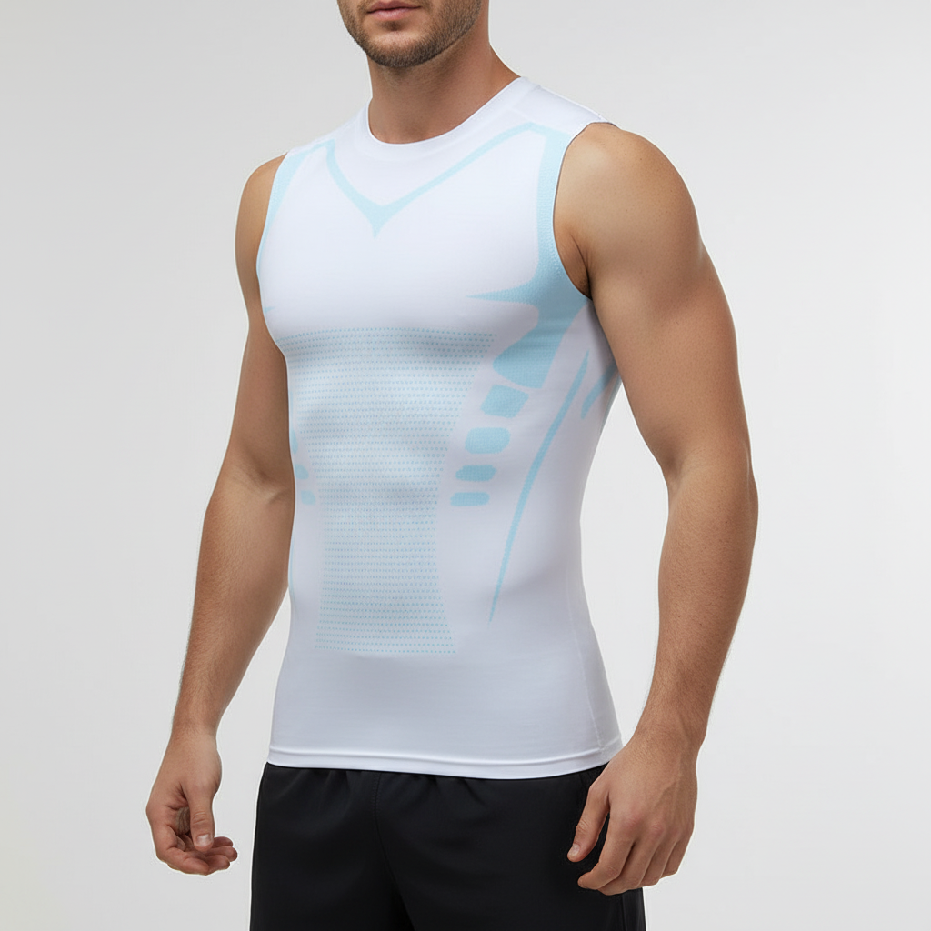 Hochwertiges Herren Kompressionsshirt ärmellos für Sportler, zur Muskelunterstützung & Haltungskorrektur.