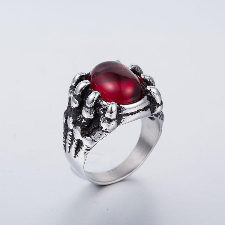 Herren Kralle Ring aus rhodiumbeschichtetem Edelstahl mit leuchtend rotem Stein; Statement-Ring für Männer.