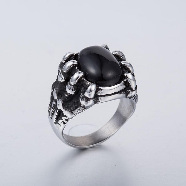 Schwarzer Herren Statement Ring aus Edelstahl, Kralle Design mit dunklem Stein; idealer Herrenschmuck.