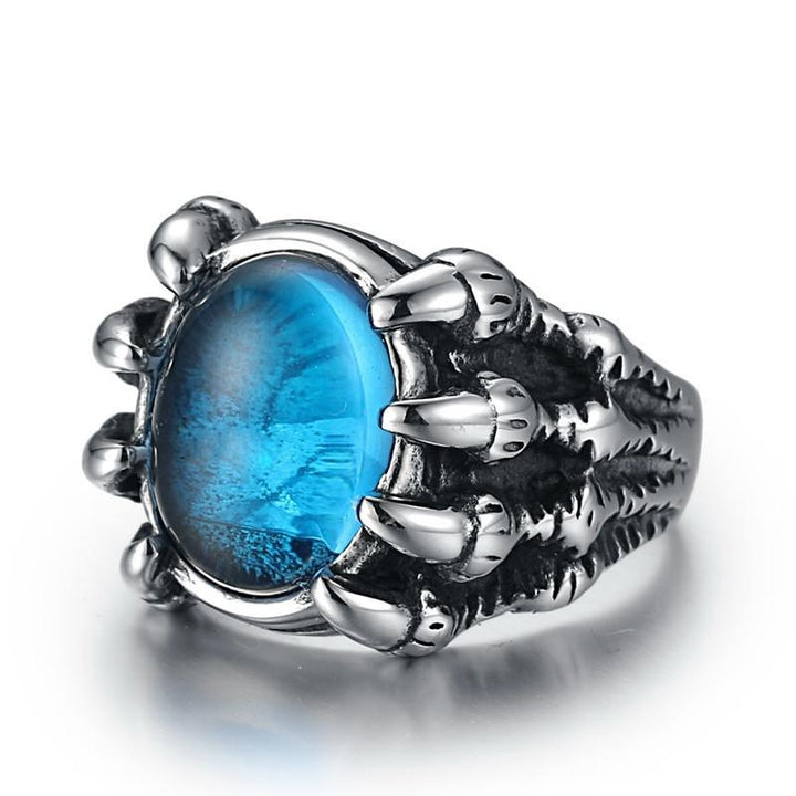 Robuster Herren Kralle Ring aus Edelstahl, rhodiumbeschichtet, mit farbigem Stein als markantes Accessoire.