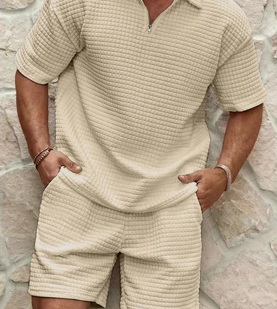 Zweiteiliges Herren Kurzarm-Set mit Reißverschluss-Oberteil & Shorts, Ripp-Design.