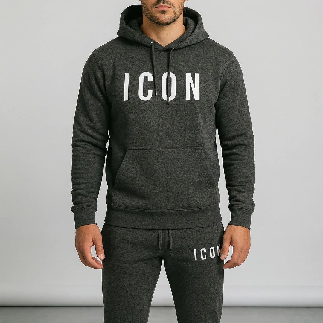 Modisches Herren Sportbekleidung Set, bestehend aus Hoodie und Jogginghose, erhältlich in Schwarz.