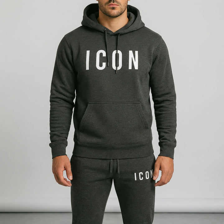 Modisches Herren Sportbekleidung Set, bestehend aus Hoodie und Jogginghose, erhältlich in Schwarz.
