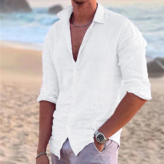 Leichtes Herren Sommerhemd mit langen Ärmeln, aus Leinen. Elegant und modern für warme Tage.