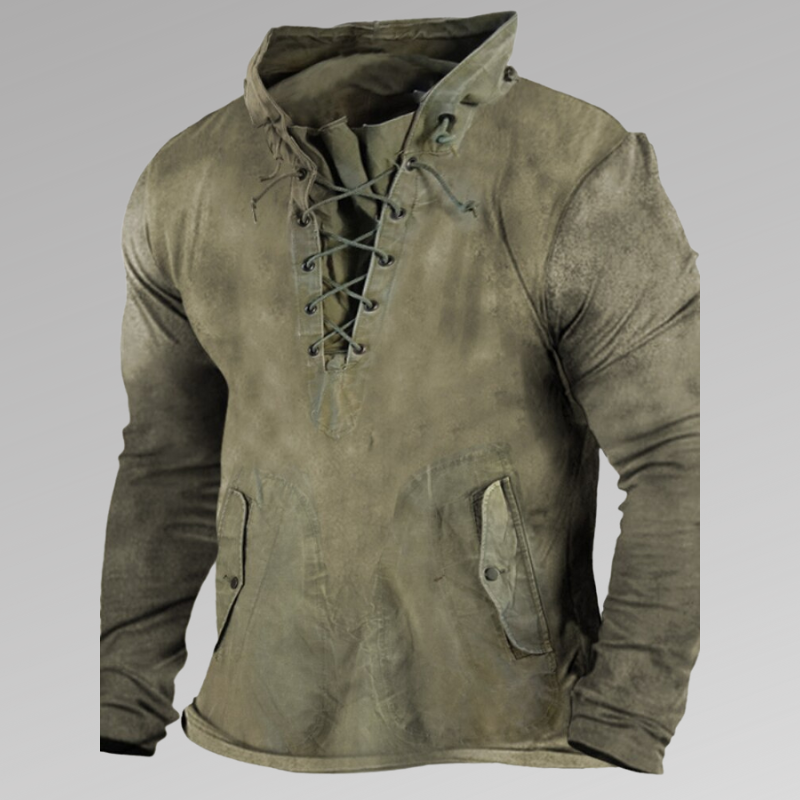 Herren Langarm Pullover mit rustikaler Schnürung aus Baumwollmischung für lässige Herbst- und Wintermode.