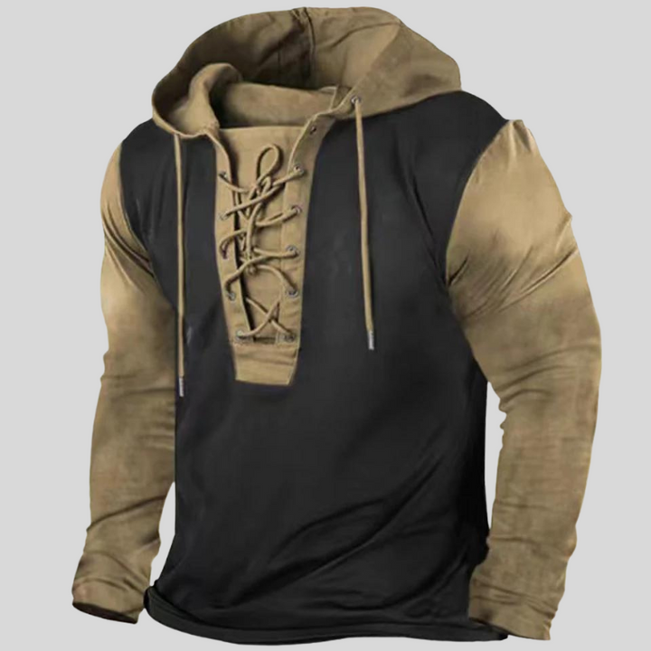 Rustikaler Herren Langarmpullover aus Baumwollmischung mit Schnürdetail, perfekt für kühle Tage.