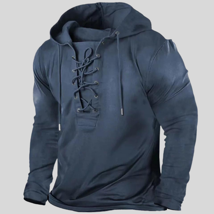 Männlicher Winterpullover mit rustikaler Schnürung und langen Ärmeln, komfortabel aus Baumwollmischung.