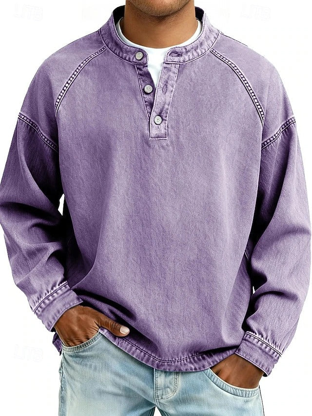 Bequemes Herren Langarmshirt Henley in meliertem Grau. Perfekt für Freizeit & lässige Alltagsoutfits.
