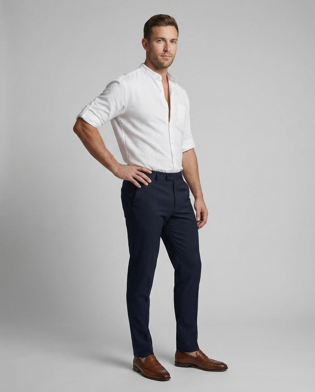 Herren Leinenhemd mit Stehkragen, leicht & atmungsaktiv, perfekt für Sommer, Freizeit und Business Casual.