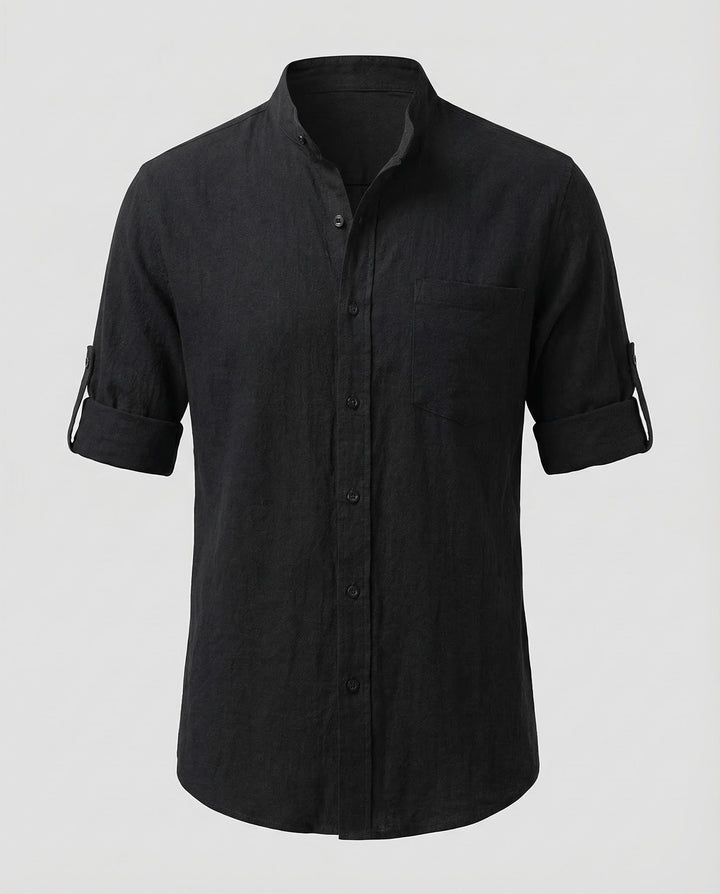 Elegantes Herren Leinenhemd mit Stehkragen, leicht & atmungsaktiv für Sommer- & Freizeitanlässe, Herrenmode.