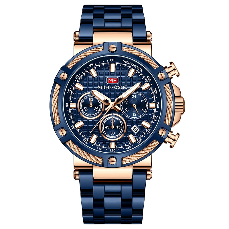 Herren Marine-Armbanduhr am Handgelenk, passend zu einem eleganten Anzug.