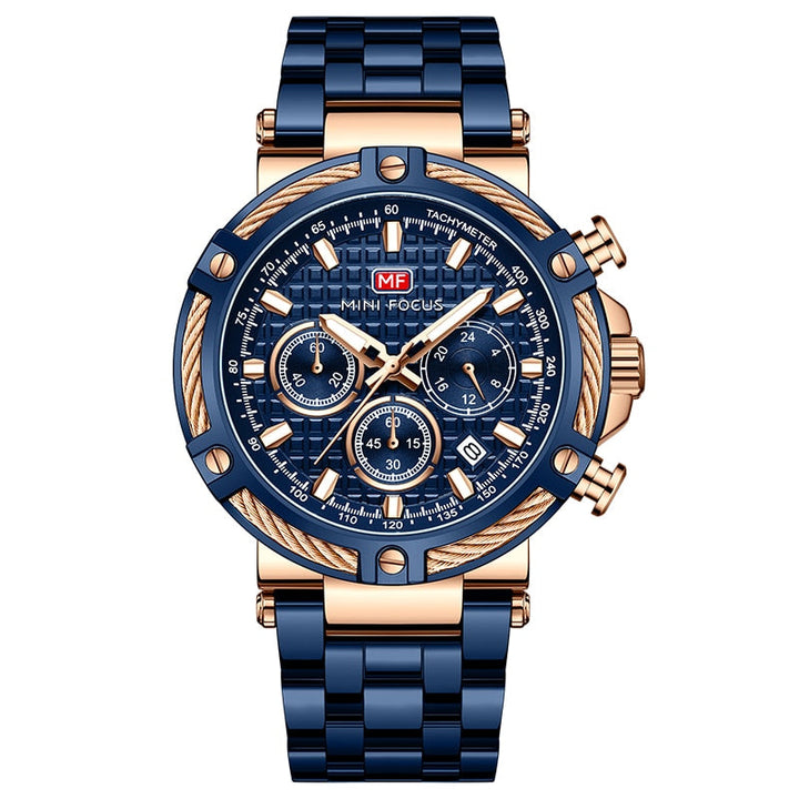 Herren Marine-Armbanduhr am Handgelenk, passend zu einem eleganten Anzug.