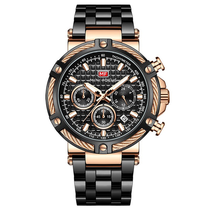 Seitenansicht der Herrenuhr, zeigt schlankes Profil und geschmeidiges Lederarmband.