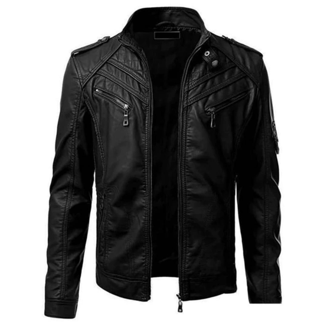 Nahaufnahme der Textur einer modernen Herren Bikerjacke mit Reißverschluss-Detail und hochwertiger Verarbeitung.