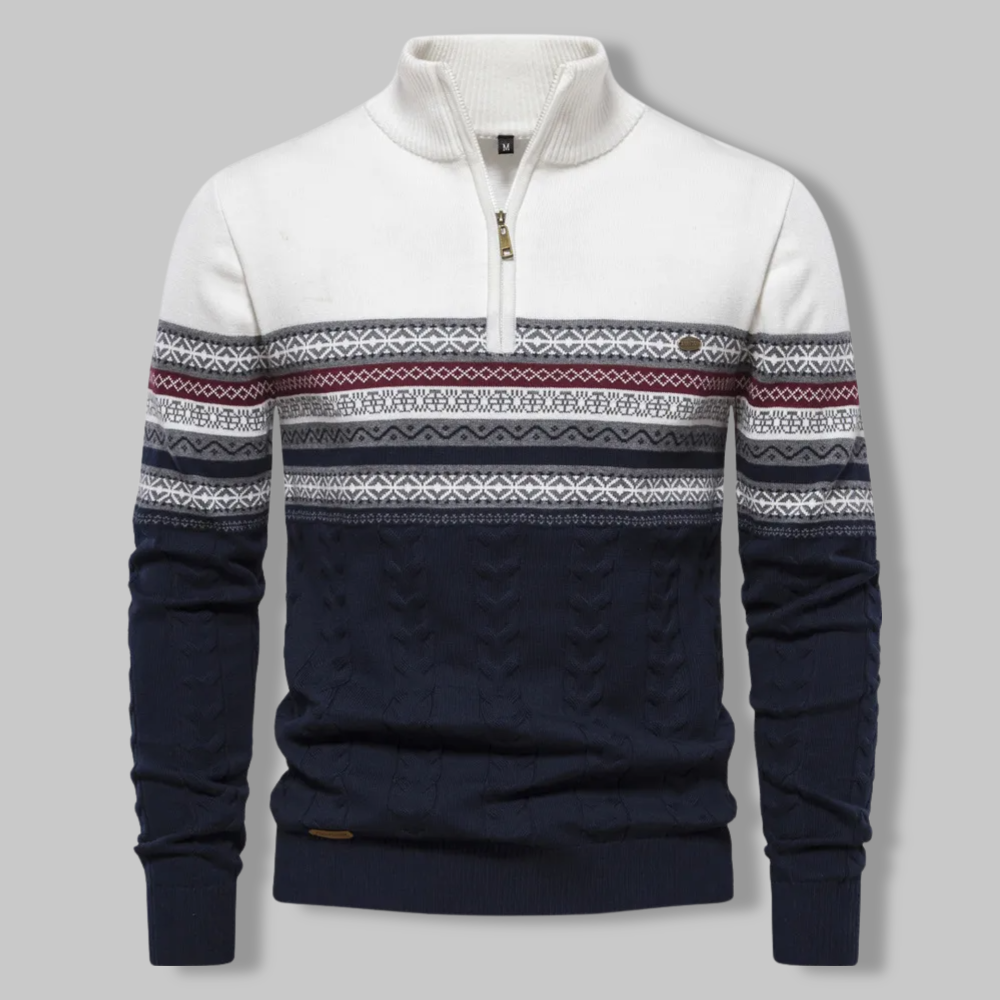 Herren Pullover gestreift mit Reißverschluss & Stehkragen für den Winter. Modisches, warmes Oberteil.