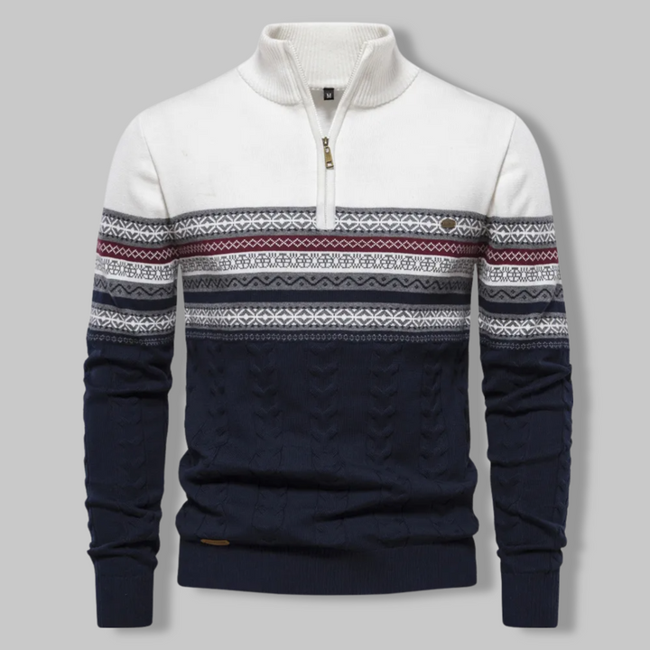 Herren Pullover gestreift mit Reißverschluss & Stehkragen für den Winter. Modisches, warmes Oberteil.