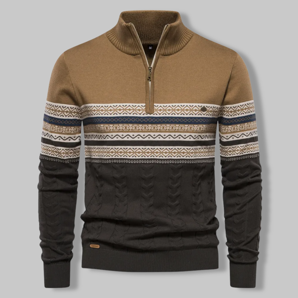 Eleganter Herren Winterpullover gestreift, mit Zip-Kragen. Perfekt für Freizeit & Casual Fashion.