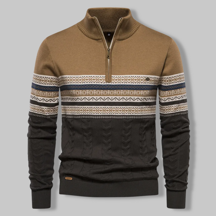 Eleganter Herren Winterpullover gestreift, mit Zip-Kragen. Perfekt für Freizeit & Casual Fashion.