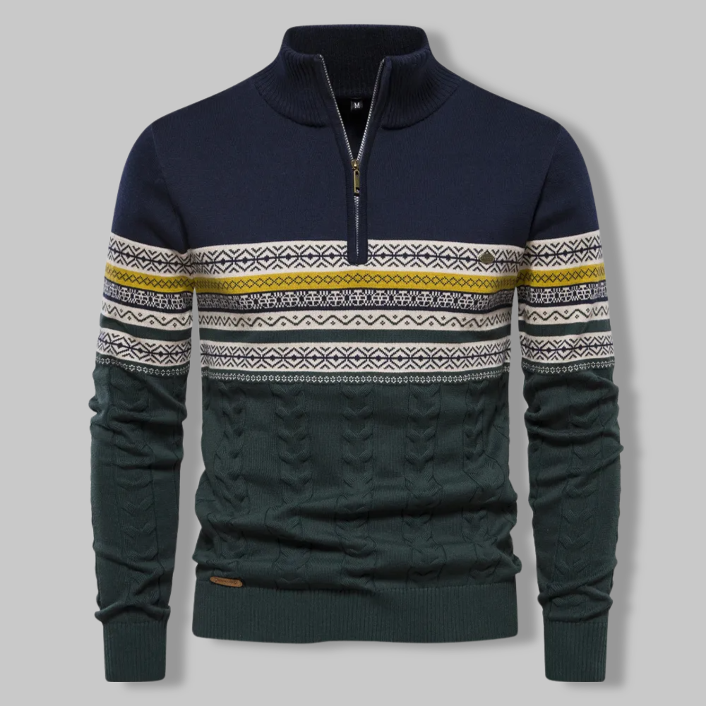 Warmer Herren Pullover mit Reißverschluss, gestreift. Modisches Freizeit-Oberteil mit Stehkragen.