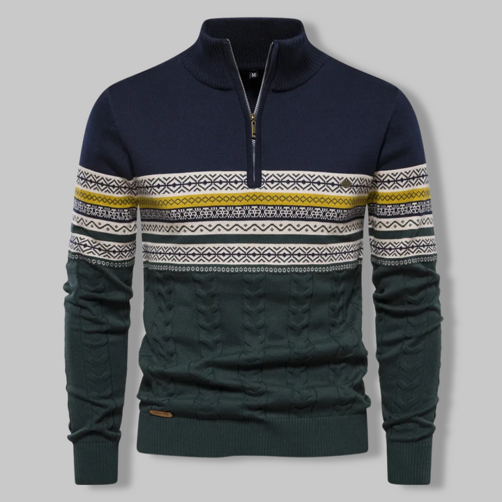 Warmer Herren Pullover mit Reißverschluss, gestreift. Modisches Freizeit-Oberteil mit Stehkragen.