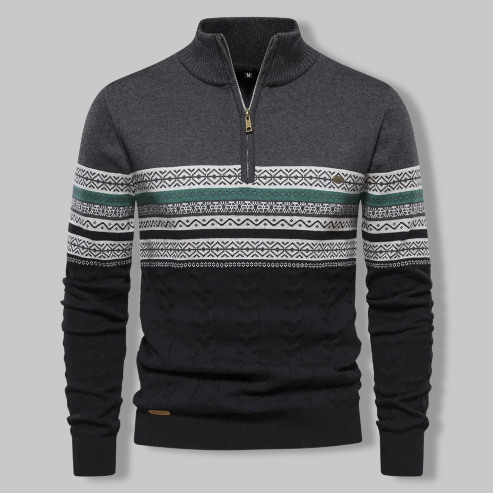 Gestreifter Herren Zip-Pullover, detailreiche Ansicht des Stehkragens. Wintermode für Männer.
