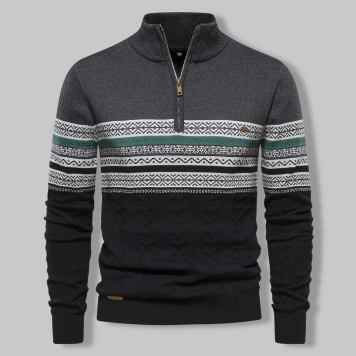Gestreifter Herren Zip-Pullover, detailreiche Ansicht des Stehkragens. Wintermode für Männer.
