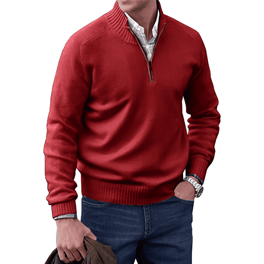 Herrenpullover mit Reißverschluss, Grün, kombiniert mit Jeans für lässigen, bequemen Herbst-Freizeit-Look.