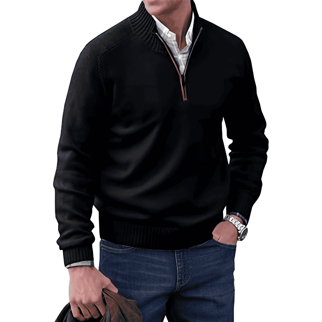 Vielseitiger Herrenpullover mit Reißverschluss, Hellgrau, perfekte Herrenmode für Übergangszeiten & Winter.