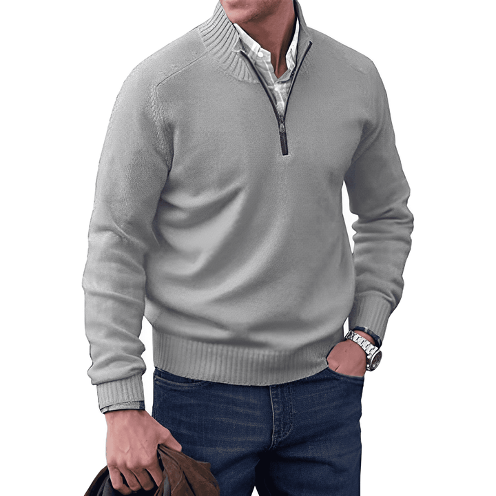 Herren-Freizeitpullover mit Reißverschluss, meliertes Grau, bequeme & trendige Herrenbekleidung für Herbst.