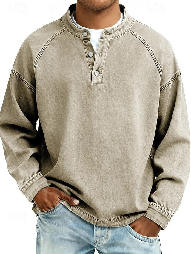 Vintage-inspirierter Herren Henley Pullover, bequemer Langarm-Pulli im Retro-Stil mit Used-Look.