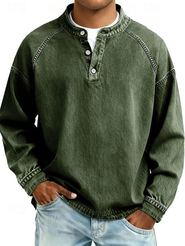 Alltagstauglicher Herren Henley Pullover, lässiges Langarm-Oberteil im Retro-Stil mit coolem Used-Look.