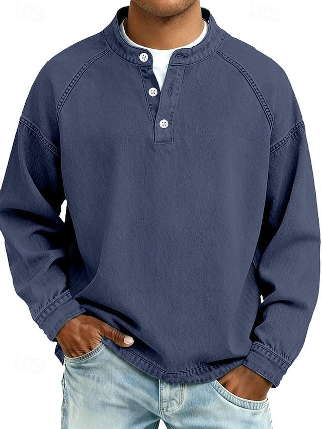Herren Strickpullover im Henley-Design, Retro-Look, Langarm und bequemer Schnitt für entspannte Herren.