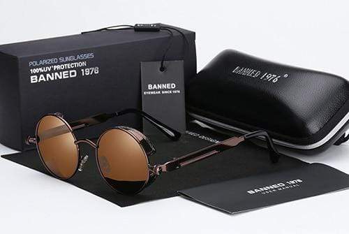 Runde Herrensonnenbrille im Retro-Steampunk-Design, polarisiert und mit UV-Schutz.