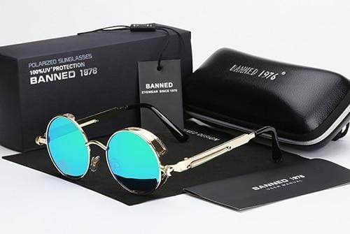 Festivaltaugliche runde Steampunk Sonnenbrille für Herren, polarisiert und im Retro-Look.