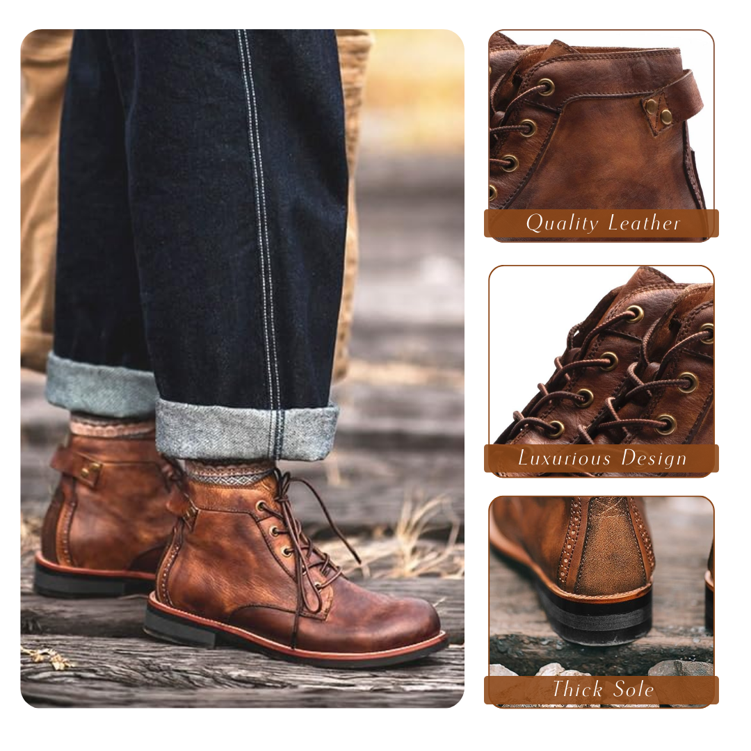 Robuste Allwetter Stiefel für Herren. Diese Retro Schnürstiefel bieten zeitlosen Stil und hohen Tragekomfort.
