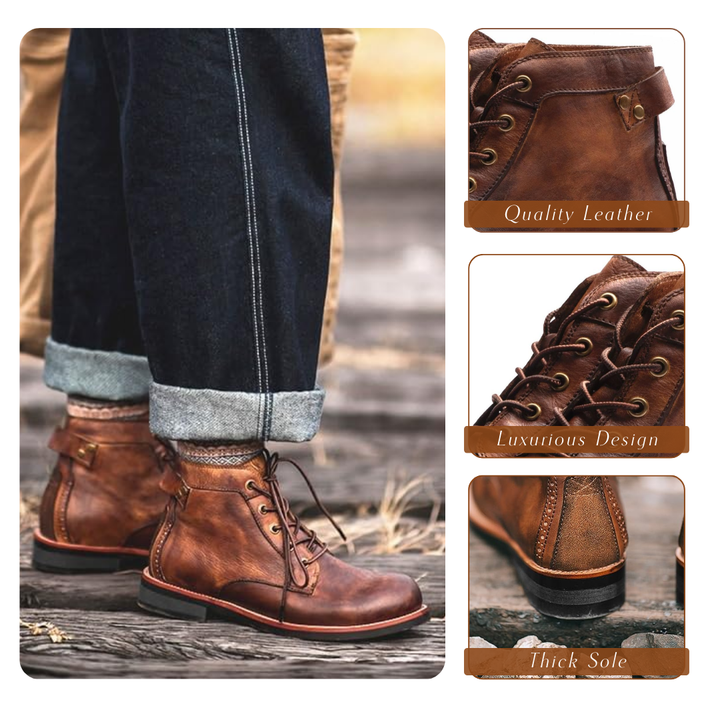 Robuste Allwetter Stiefel für Herren. Diese Retro Schnürstiefel bieten zeitlosen Stil und hohen Tragekomfort.