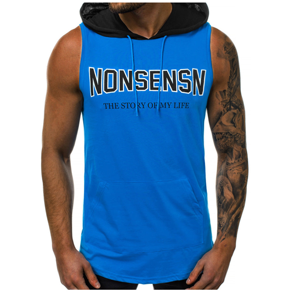 Stylisches Herren Sport Tank Top ärmellos mit Kapuze in Grau, perfekte Trainingskleidung für Fitness & Gym.