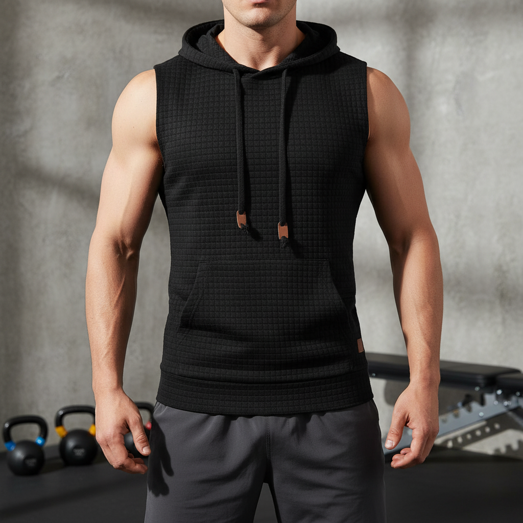Herren ärmelloses Sportshirt mit Kapuze, ideal für Training, Fitness und Gym.