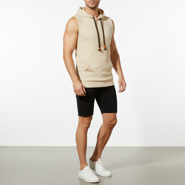 Modernes ärmelloses Herren Fitness-Shirt mit Kapuze, sportliches Design für aktive Männer.