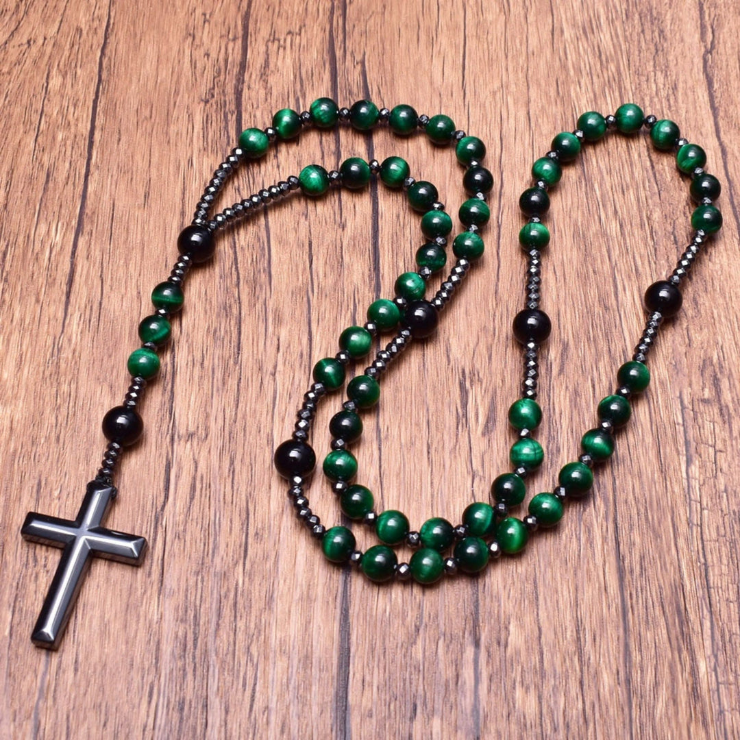 Rosenkranz-Halskette für Herren: Tigerauge, Jaspis, Lapislazuli & Kreuz-Anhänger.