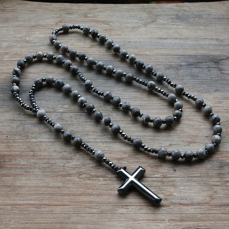 Spiritueller Schmuck: Herren-Rosenkranz mit Jaspis, Tigerauge & robustem Kreuz-Anhänger.
