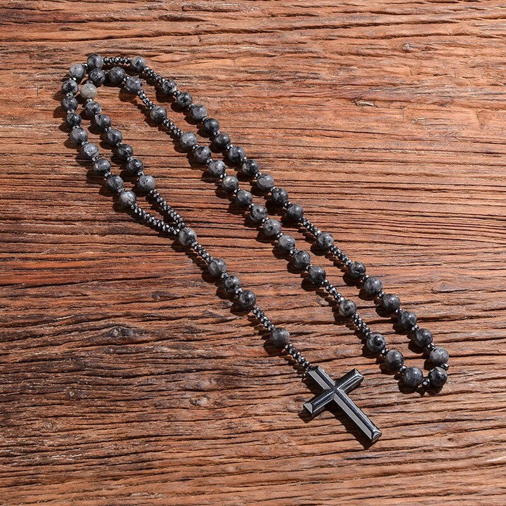 Herren Halskette: Rosenkranz aus Lapislazuli & Edelsteinen, mit Kreuz-Anhänger.